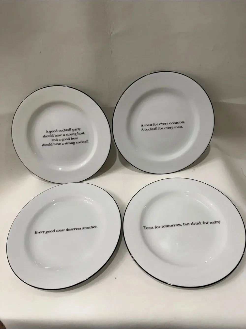 Pottery Barn White Porcelain Salad Dessert Saucers Plates Black Rim Toast Quotes